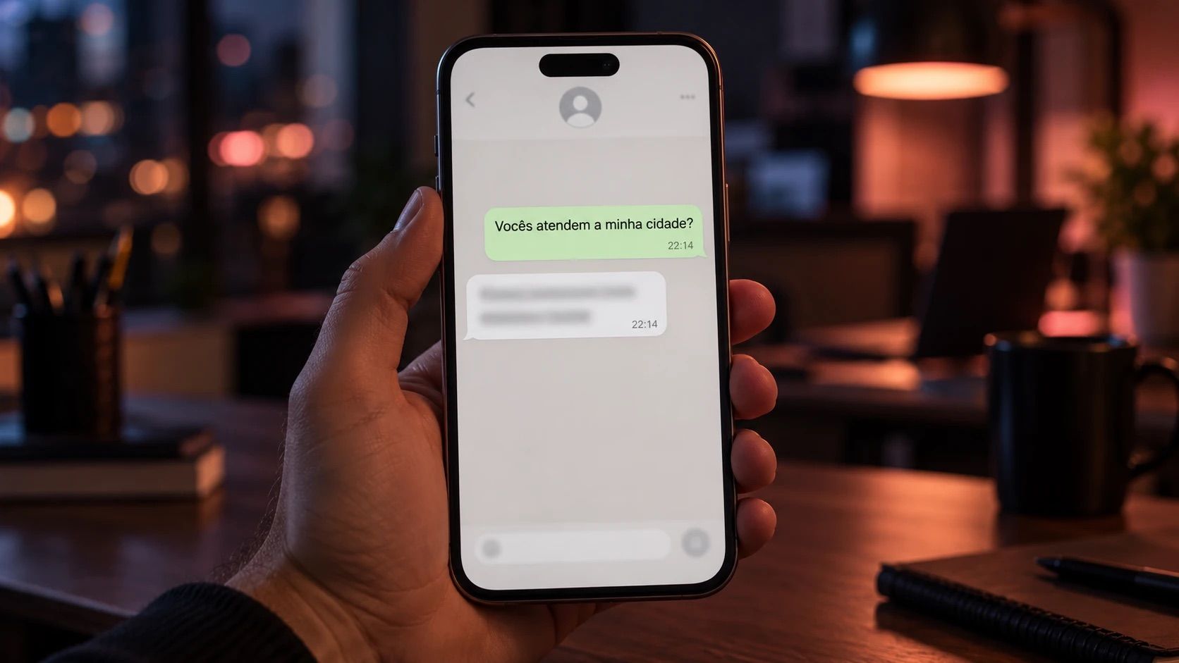 Mão segura um celular à noite com uma conversa em que o cliente pergunta às 22:14 se a empresa atende a cidade dele e a resposta chega no mesmo minuto