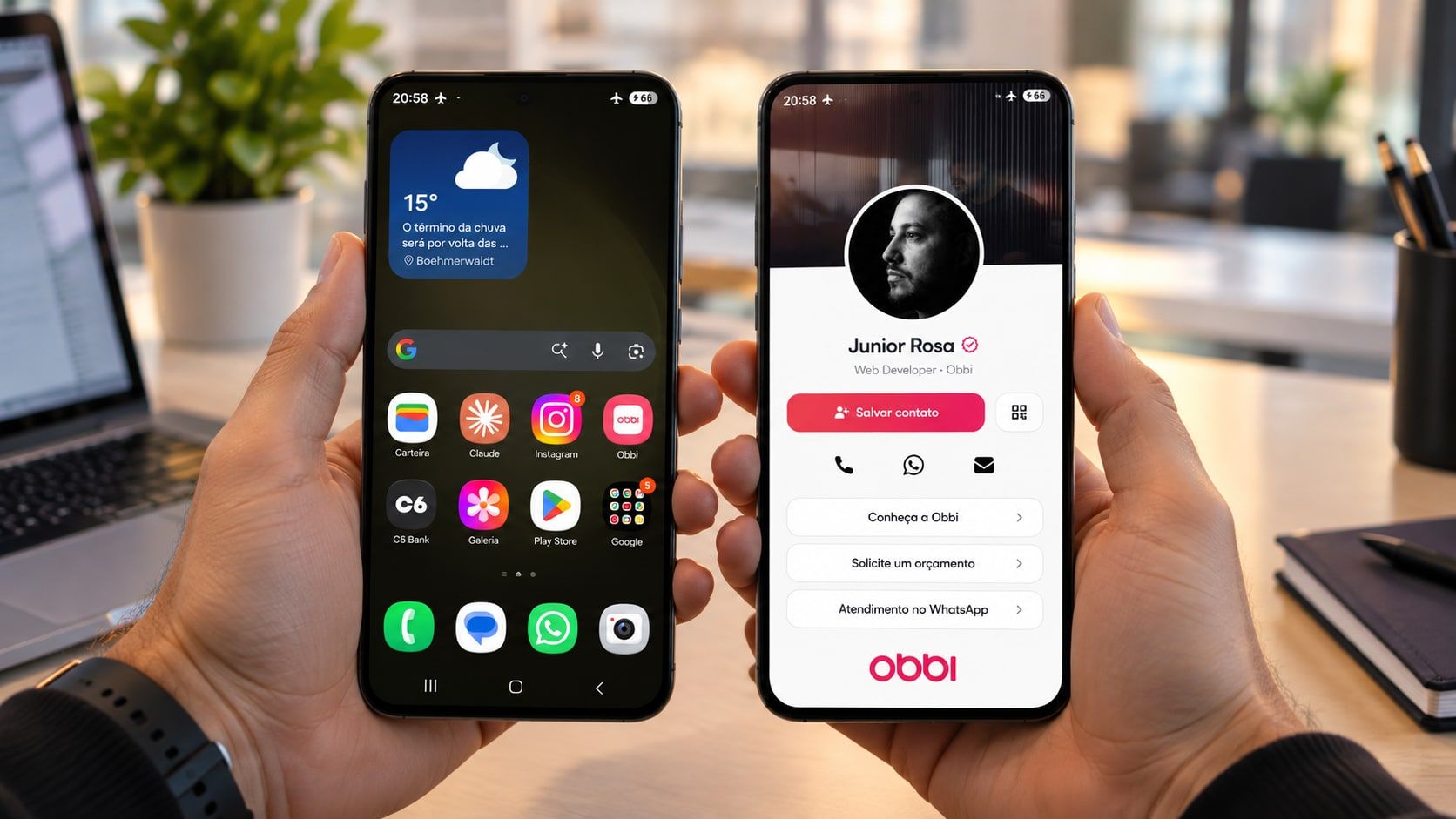 Dois celulares: um com o ícone do cartão da empresa na tela inicial e outro com o cartão digital aberto em tela cheia