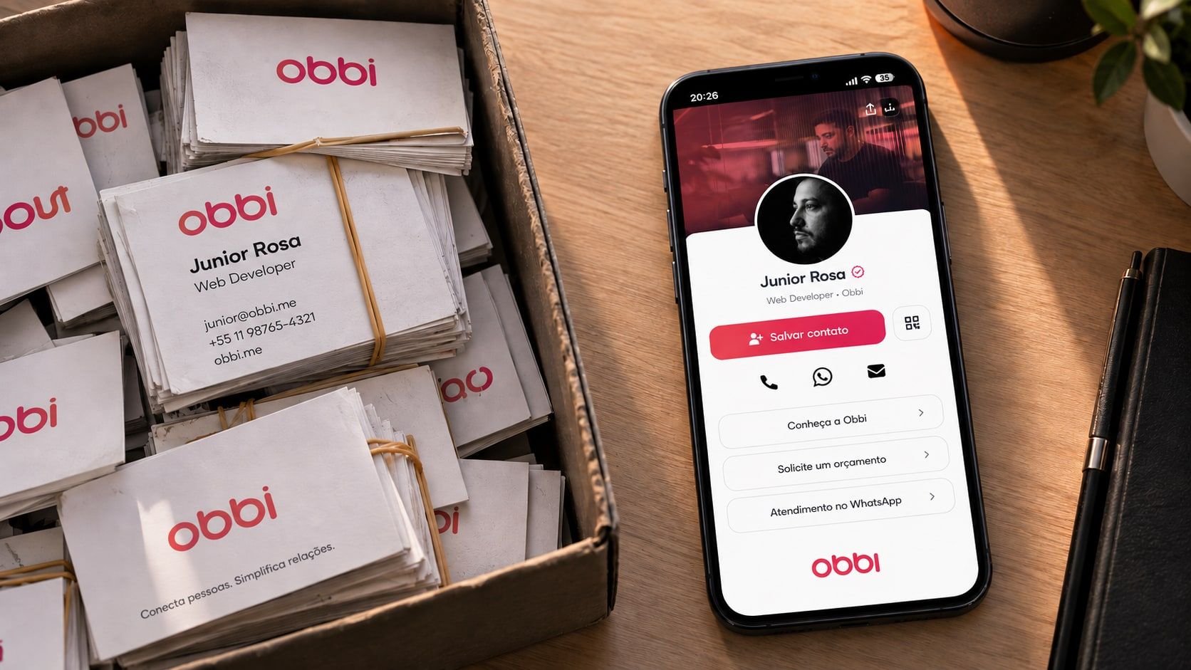 Caixa cheia de cartões de visita de papel amarrados ao lado de um celular com o cartão digital aberto
