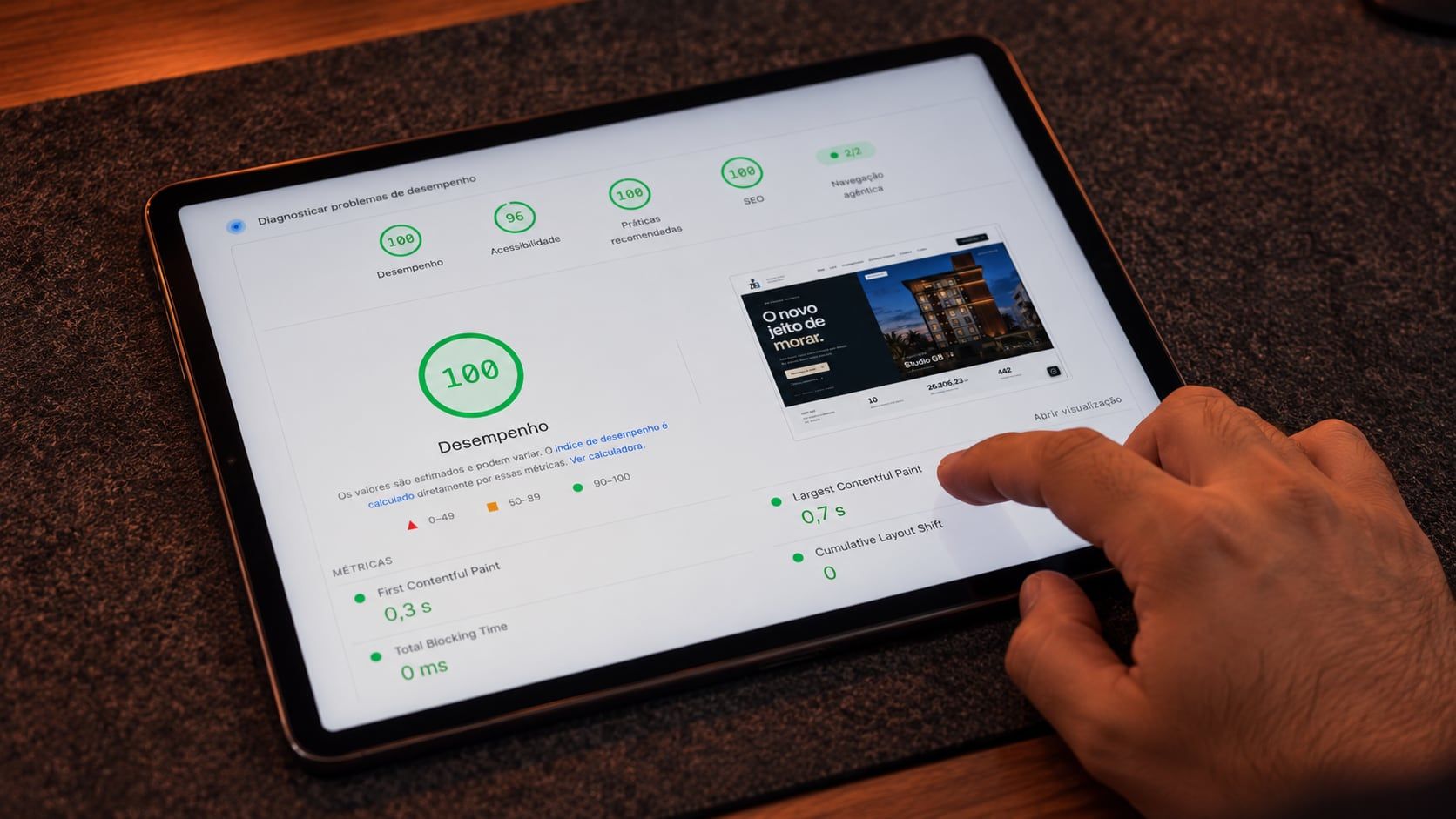 Mão aponta num tablet o relatório do PageSpeed Insights: 100 em desempenho, 96 em acessibilidade, 100 em práticas recomendadas e em SEO, com o site medido na prévia