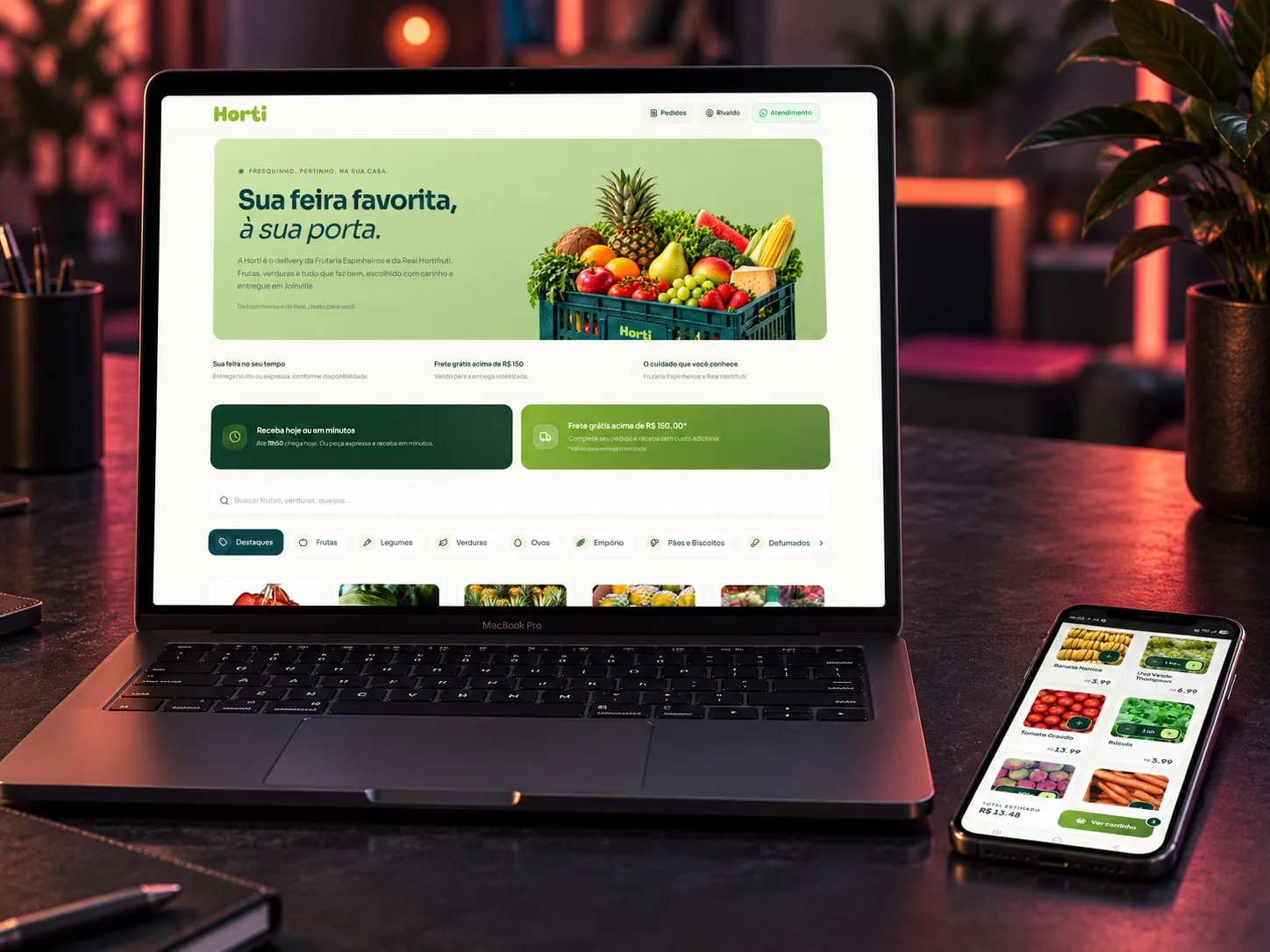 Horti: Hortifruti com entrega em casa, catálogo por categoria e compra pelo celular.