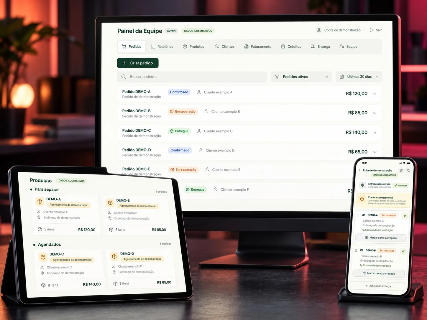 Horti · Painel da equipe: Pedidos, separação, produção e rota de entrega no celular do entregador.