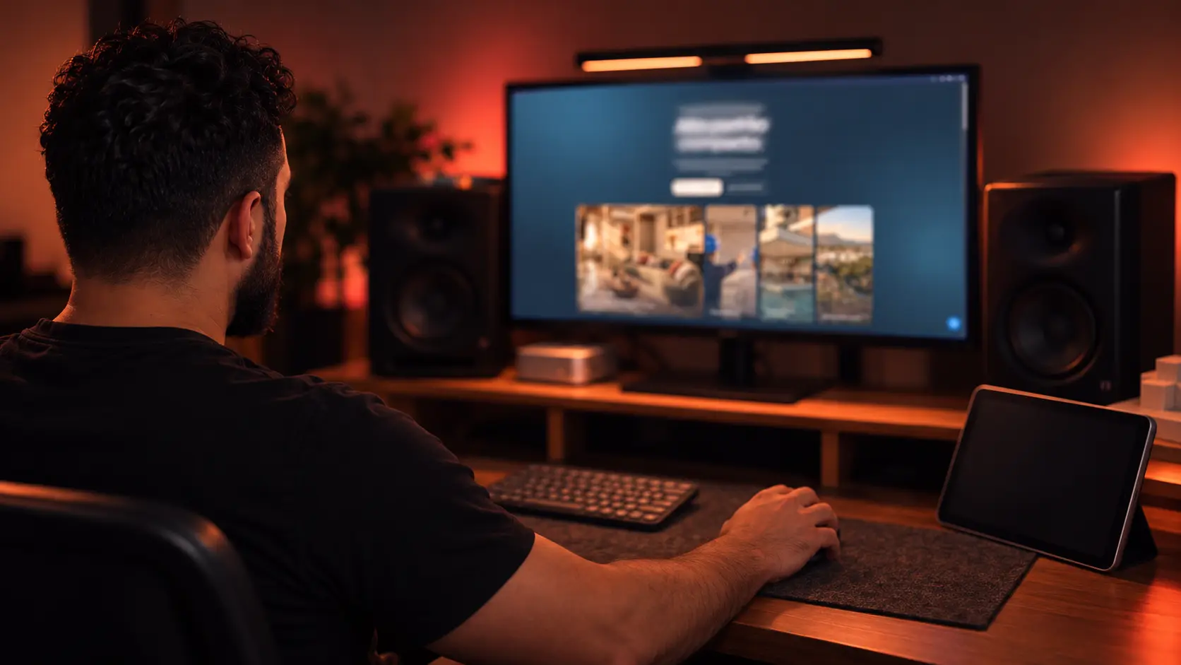 Pessoa de costas diante de um monitor com o site de um empreendimento imobiliário aberto, numa sala escura com luz quente em coral.