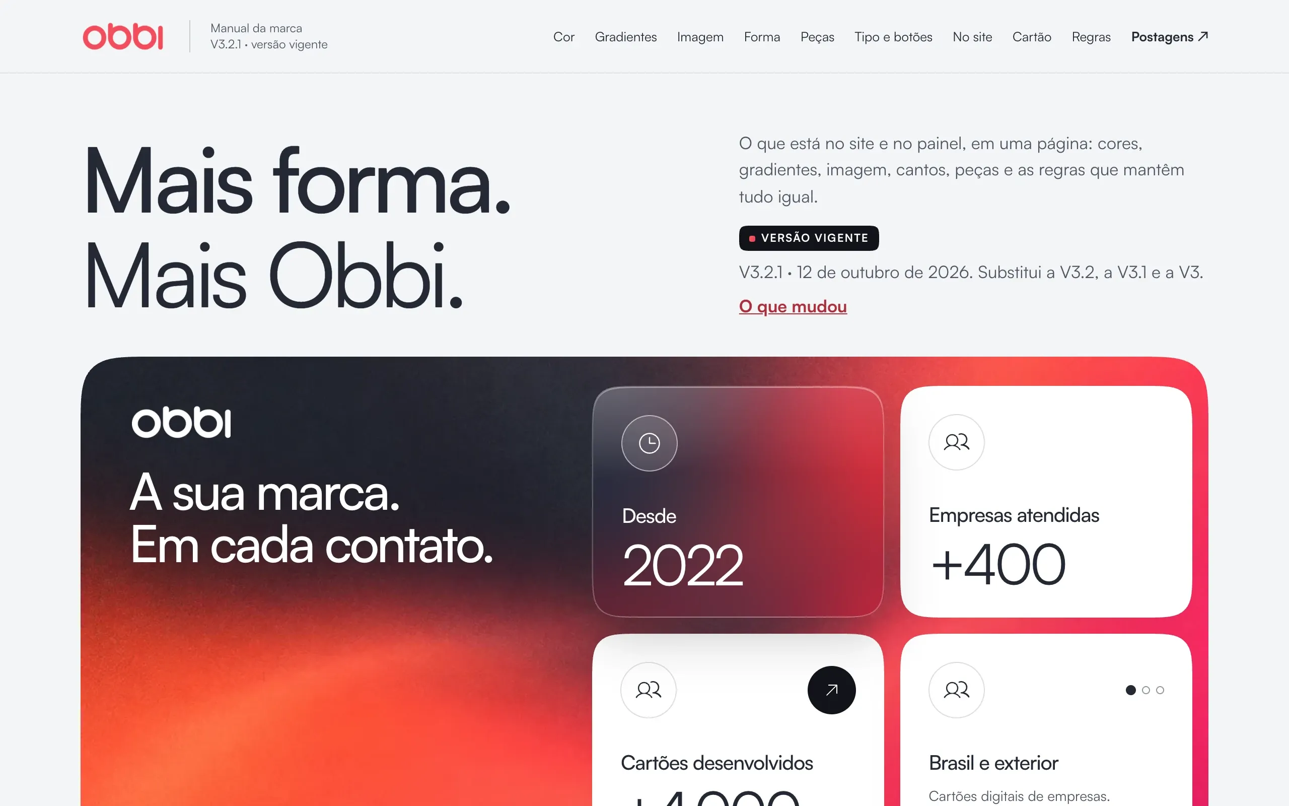 Capa do manual da marca Obbi, com as cores, o logo e os números da empresa