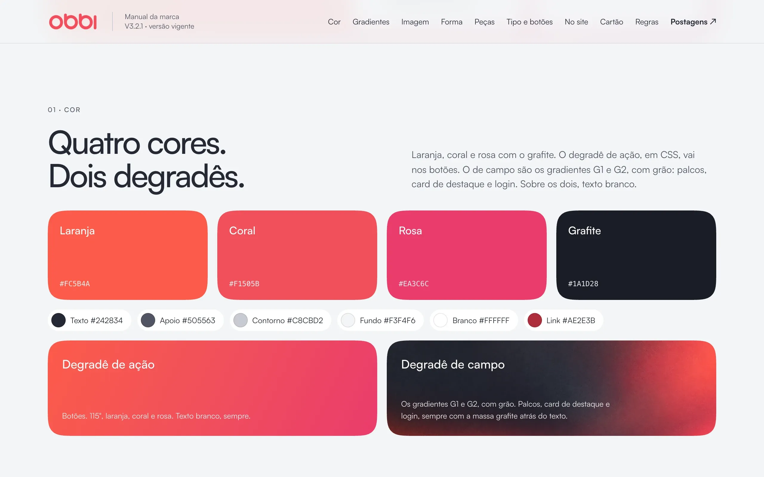 Página de cores do manual da marca Obbi, com laranja, coral, rosa e grafite e os códigos de cada cor