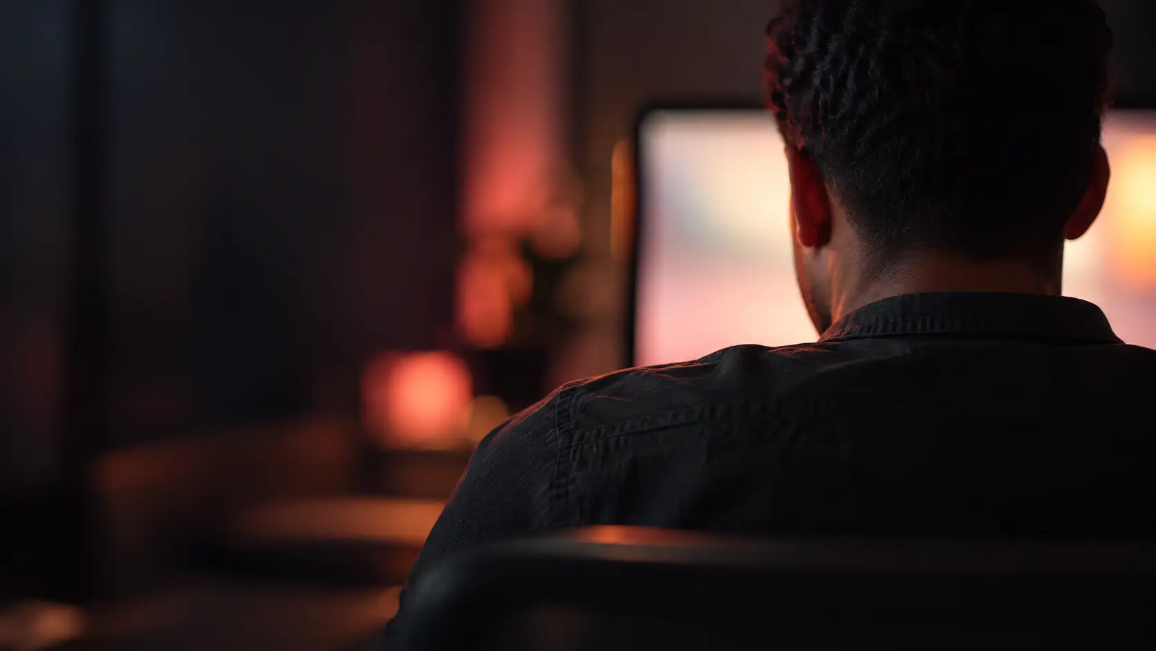 Pessoa de costas diante de um monitor aceso, numa sala escura com luz quente em coral.