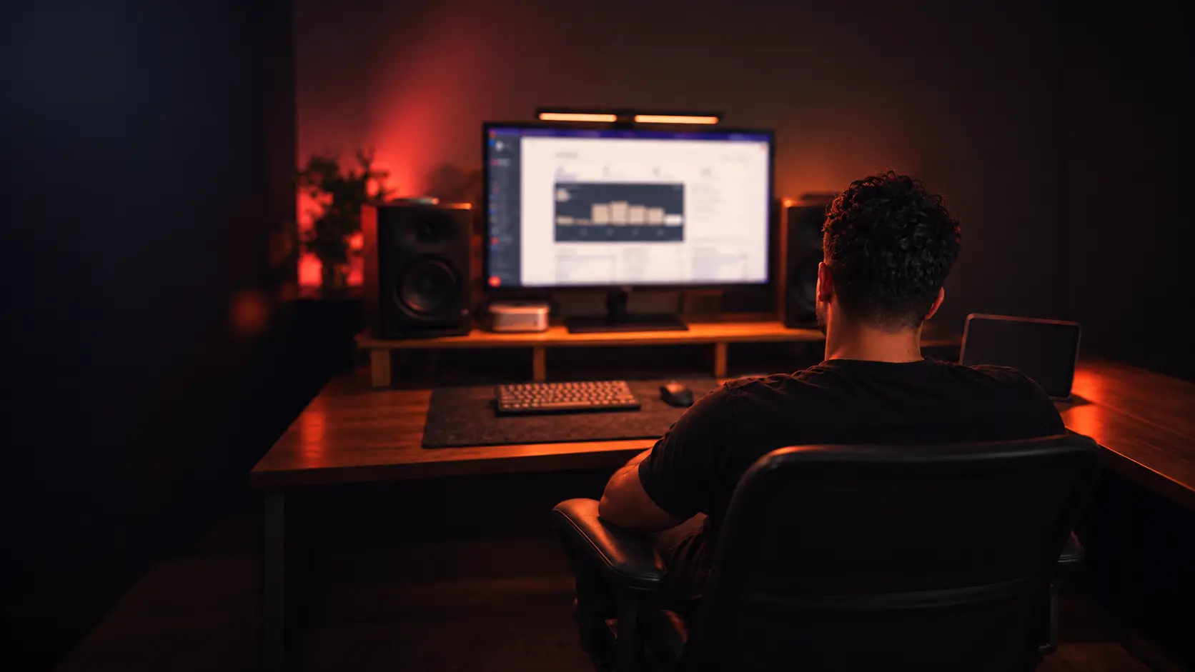 Pessoa de costas, sentada diante de um monitor com um painel de gestão aberto, numa sala escura com luz coral na parede.