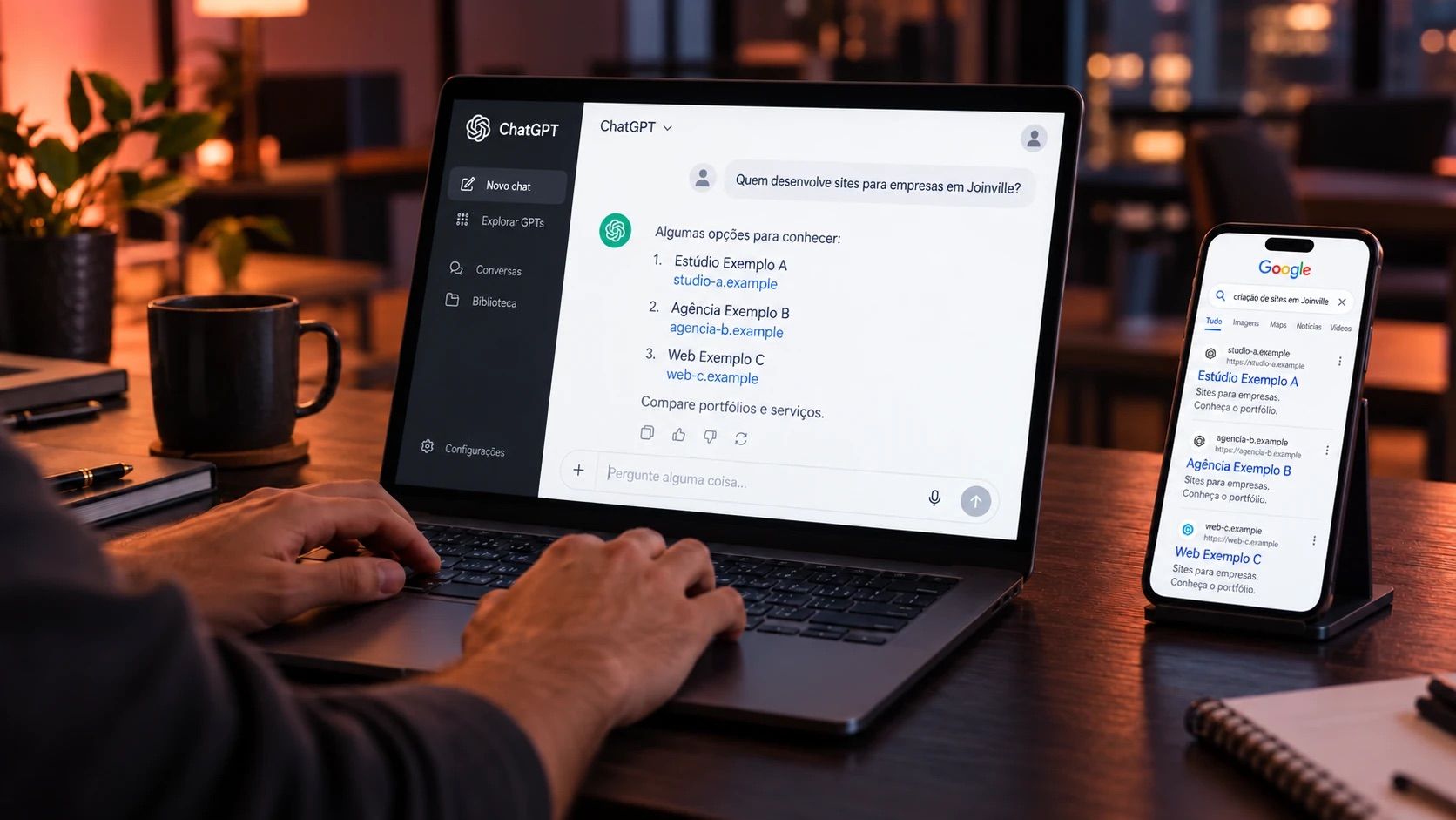 Pessoa digita no ChatGPT, num notebook, a pergunta sobre quem desenvolve sites para empresas em Joinville, ao lado de um celular com a mesma busca no Google
