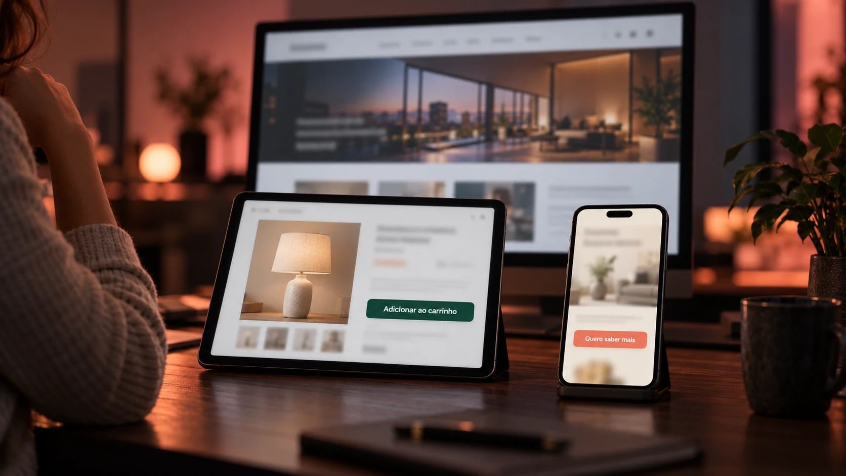Mesa de escritório à noite com um monitor mostrando um site institucional, um tablet com a página de produto de uma loja virtual e o botão Adicionar ao carrinho, e um celular com uma landing page e o botão Quero saber mais