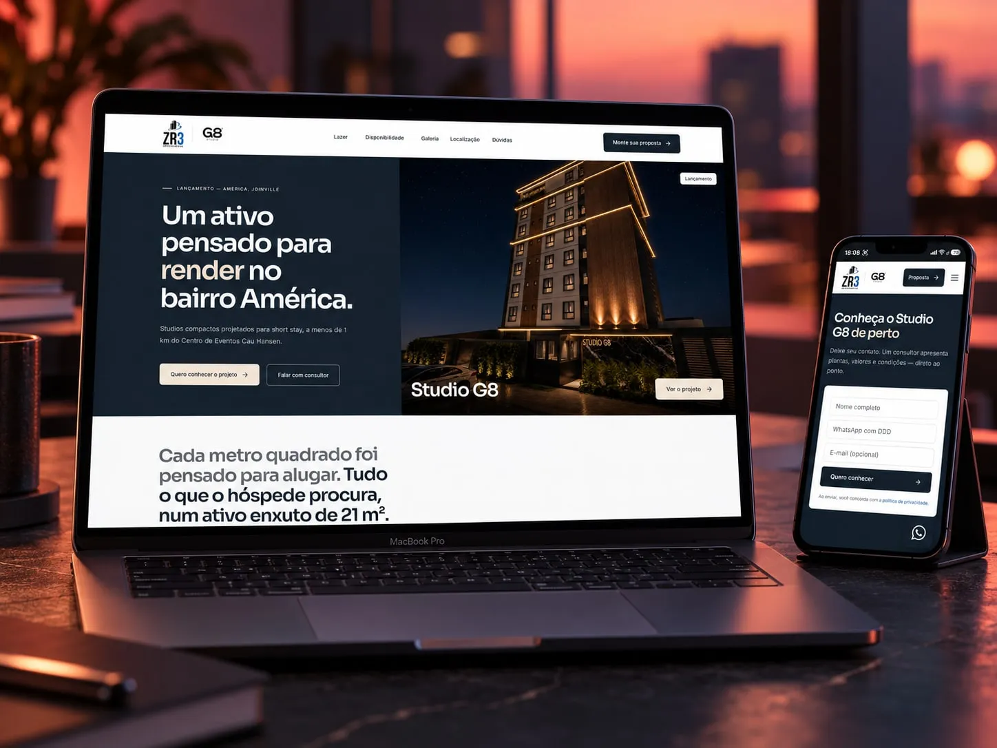 ZR3 · Studio G8: Página de lançamento com formulário que leva o interessado direto ao comercial.